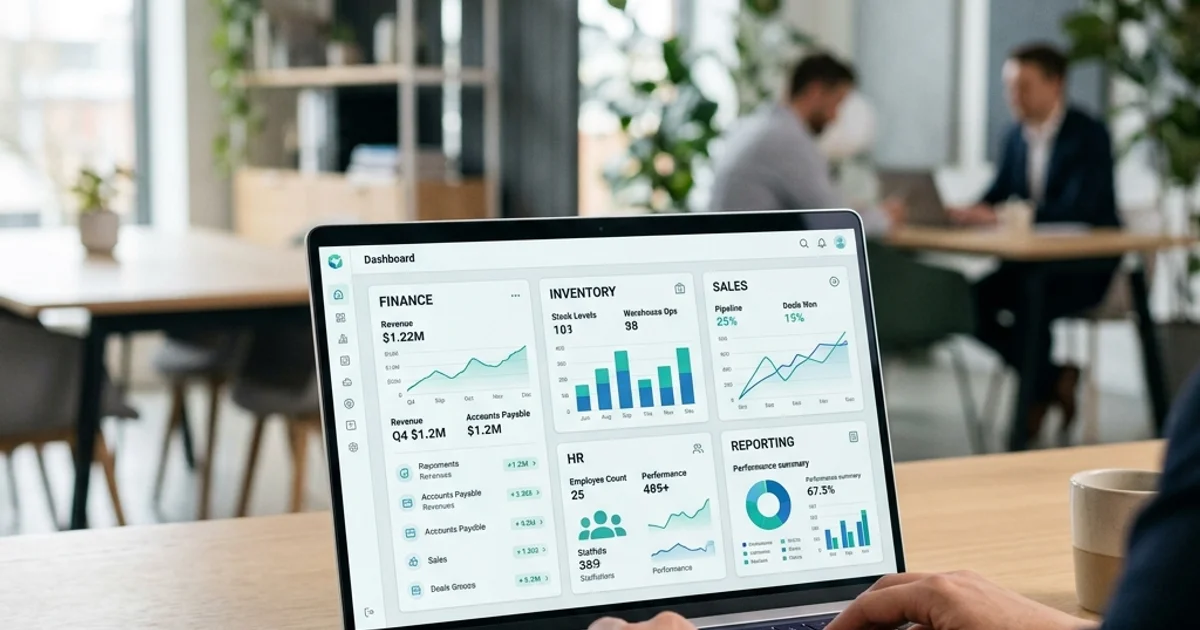 Finance and operations dashboard showing connected business workflows